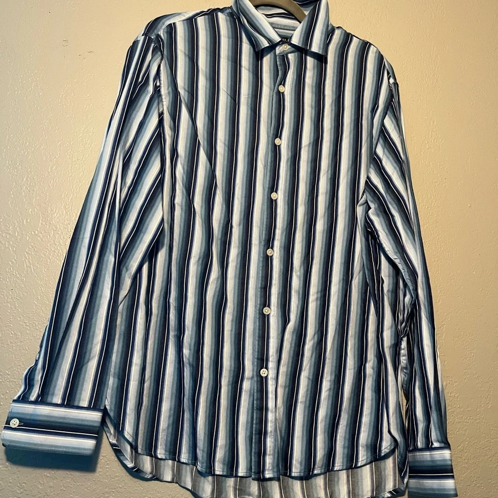MICHAEL Michael Kors Blue White Stripe Casual Button Up Dress Shirt SZ L Cuffed - Picture 2 of 11